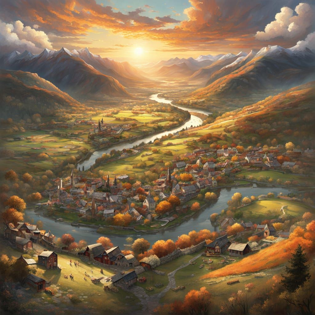 Aerial View of Victorian Village at Sunset