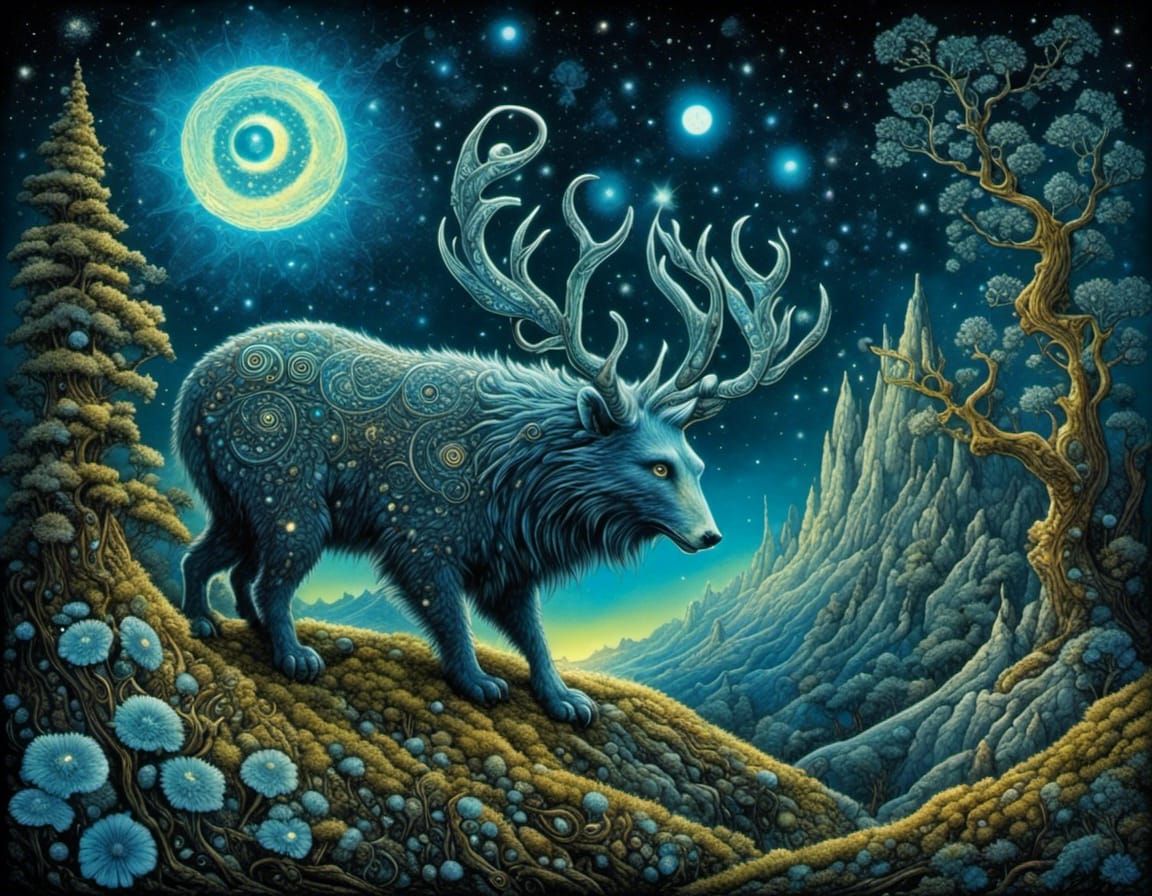 Bioluminescent Runed Creature in Dreamy Landscape