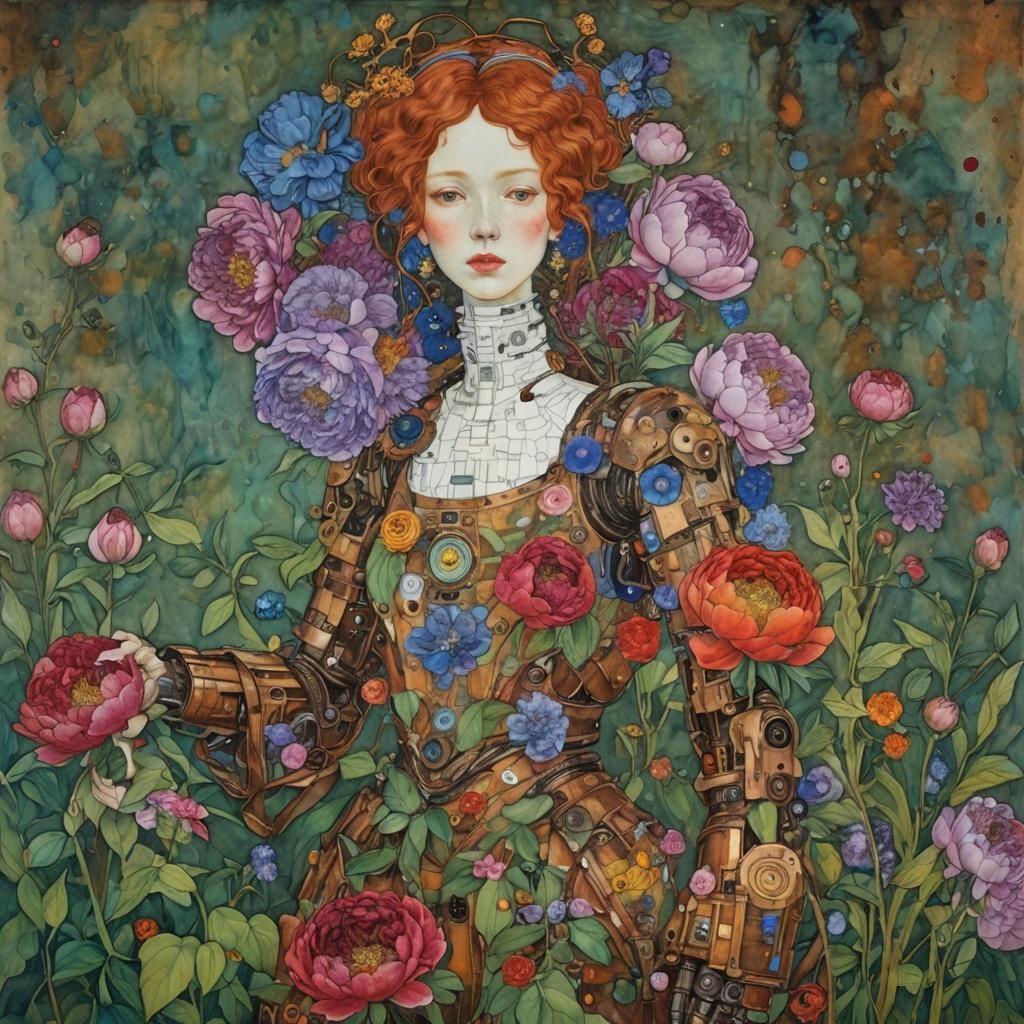 Female Robot with Peonies in Art Nouveau Style