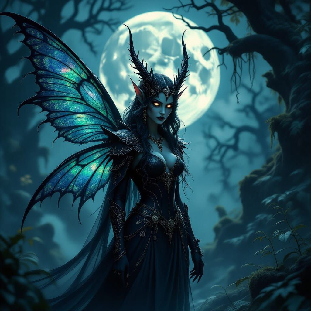 Dark Fae Creature in Moonlit Gothic Forest