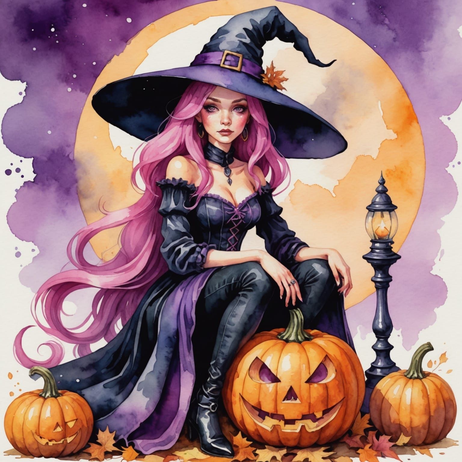 Pink Haired Witch on Pumpkin in Watercolor Style