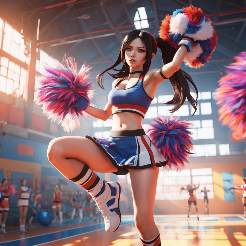 Vibrant Cheerleader Tifa Lockhart in Dynamic High School Gym...