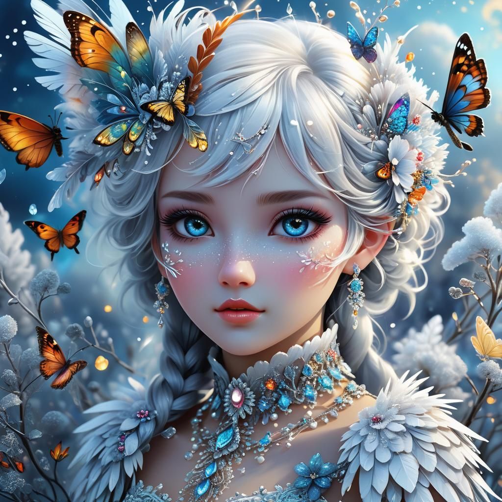 Fantasy Girl with Hoarfrost Plumage, Digital Art