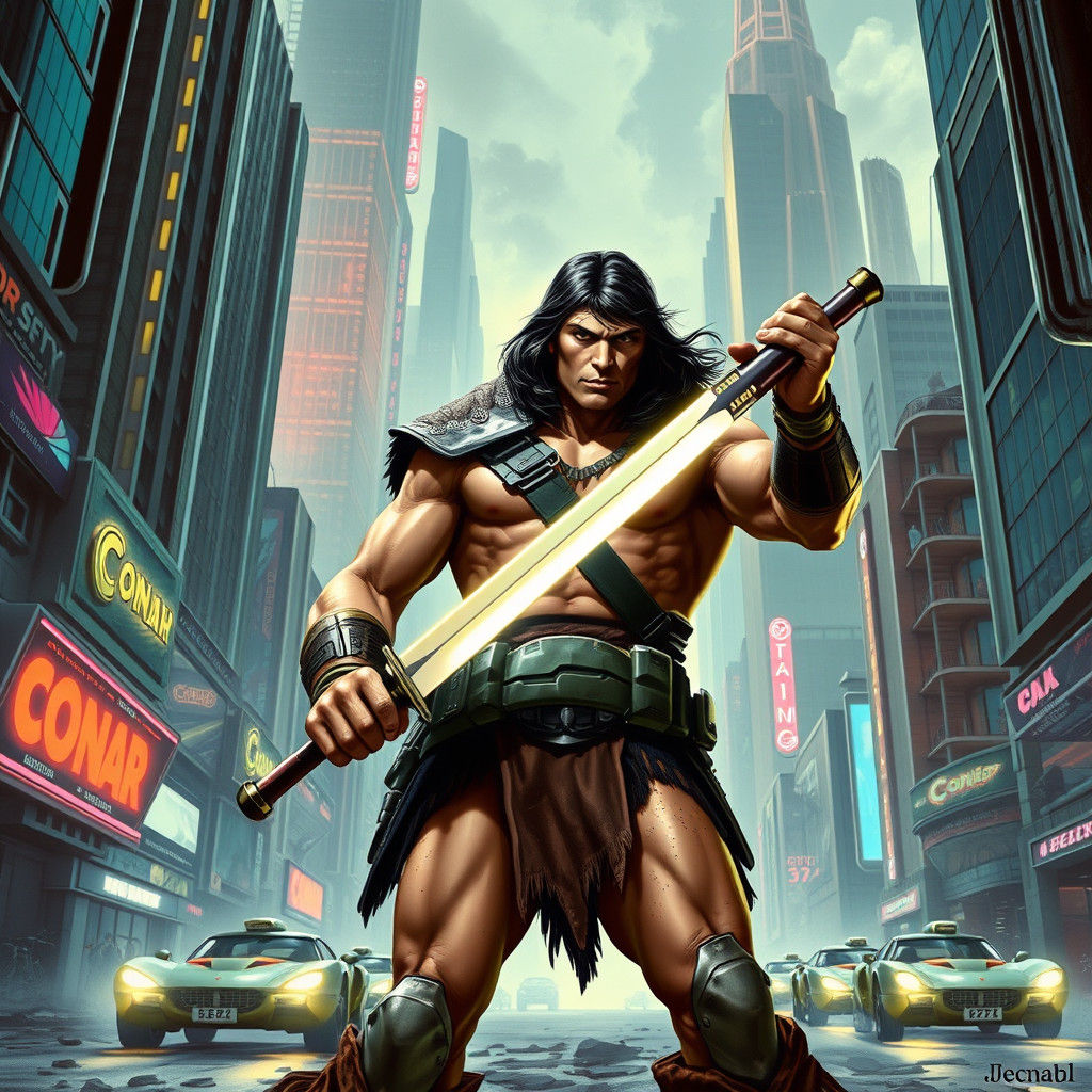 Conan the Barbarian in Cyberpunk Cityscape