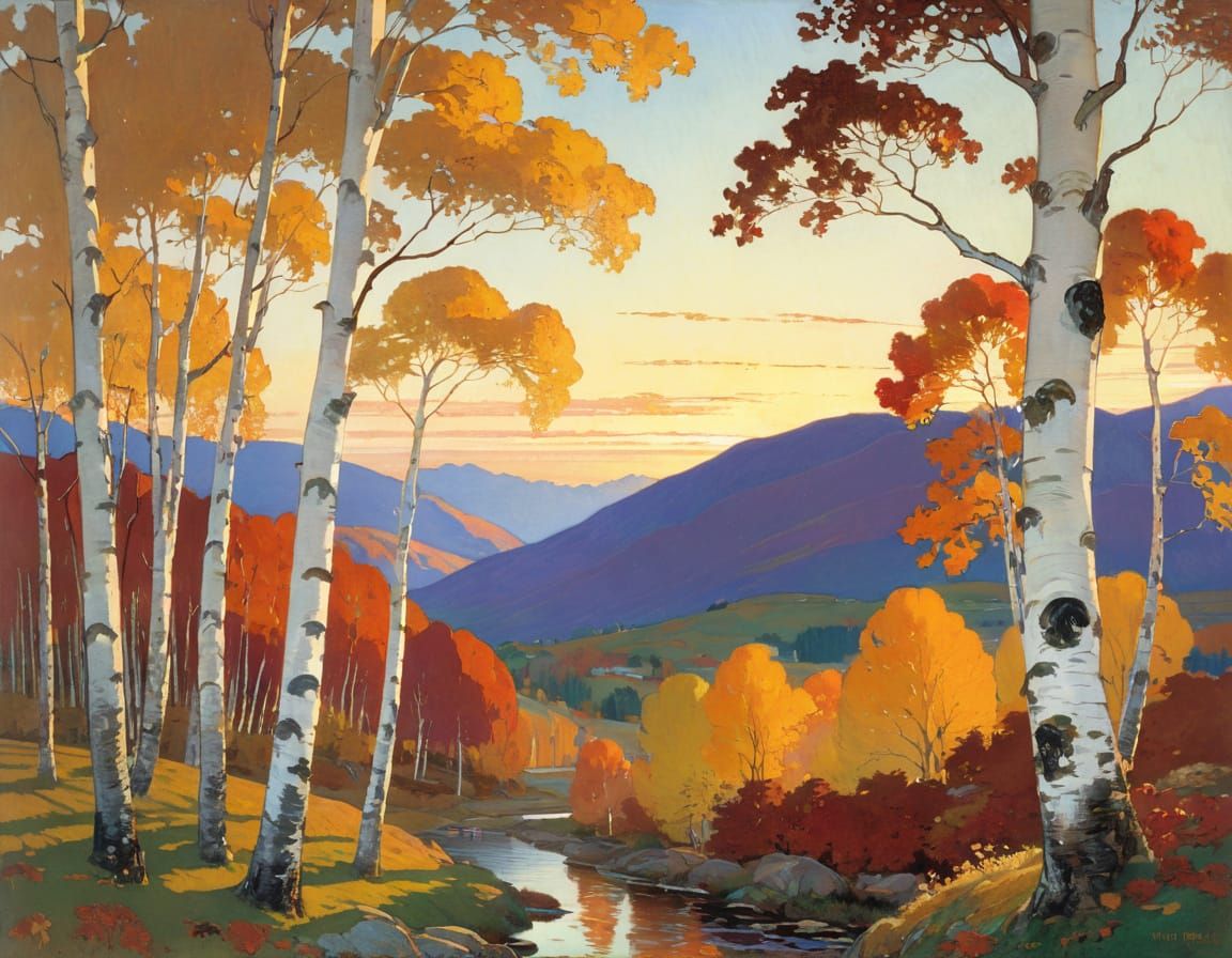 White Birch in Golden Hour Autumn Paradise Landscape
