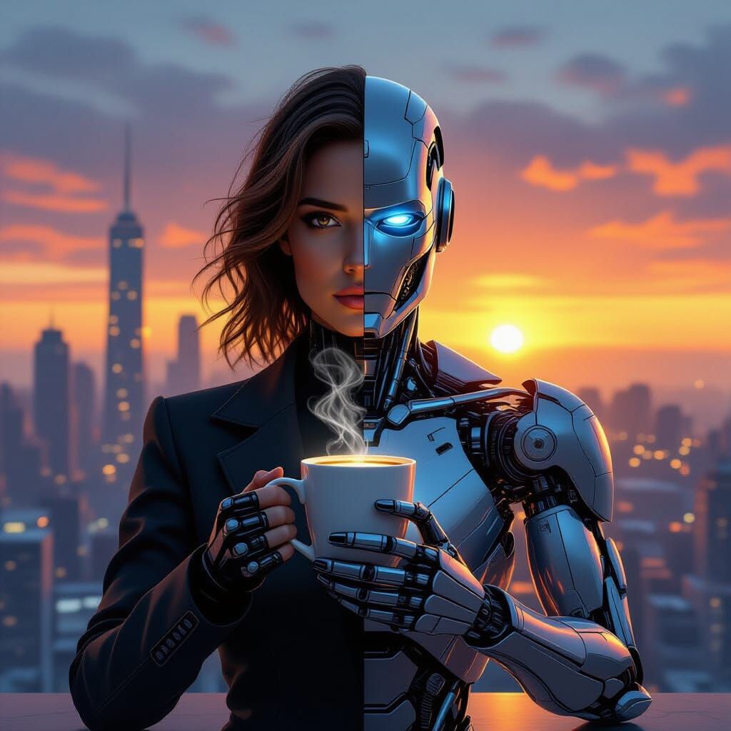 Half Human Half Robot Holding Coffee and Phone