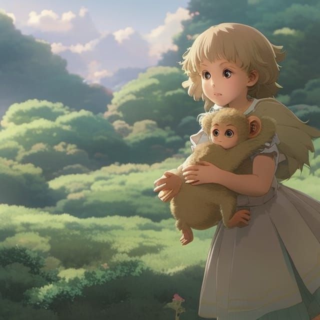 Toddler with Monkey Toy in Ghibli Anime Style