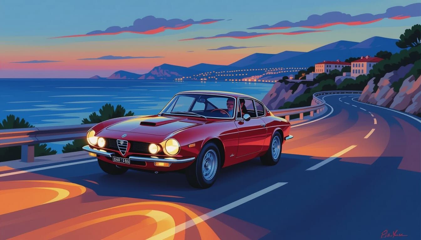 1960s Sports Car on the Riviera as Gouache Painting