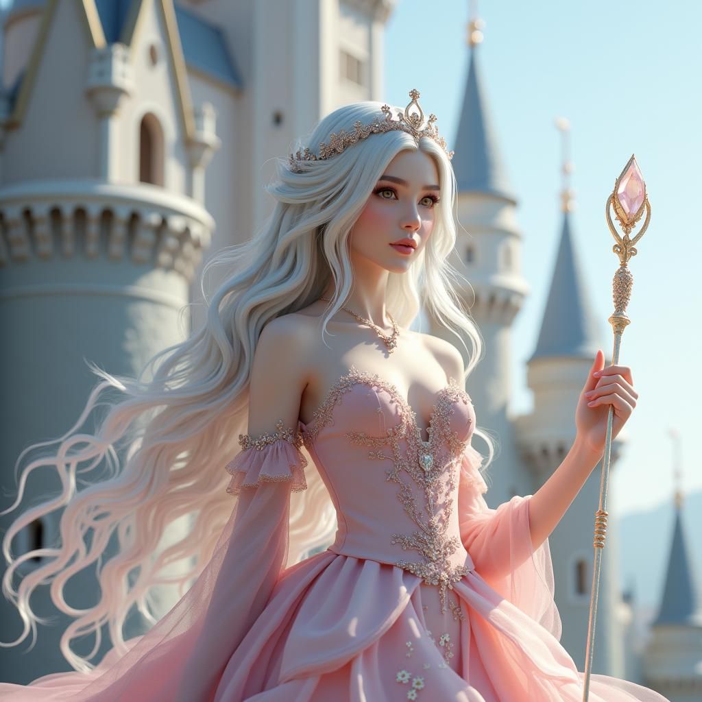 Ethereal Fairy Woman Near Castle, in 3D Anime Style