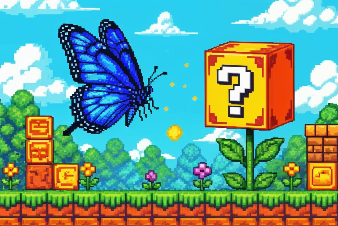 8-bit Butterfly Character in Pixel Art Game Scene