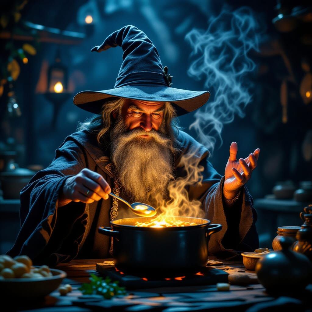 Wizard Conjures Magical Stew in Enchanted Pot