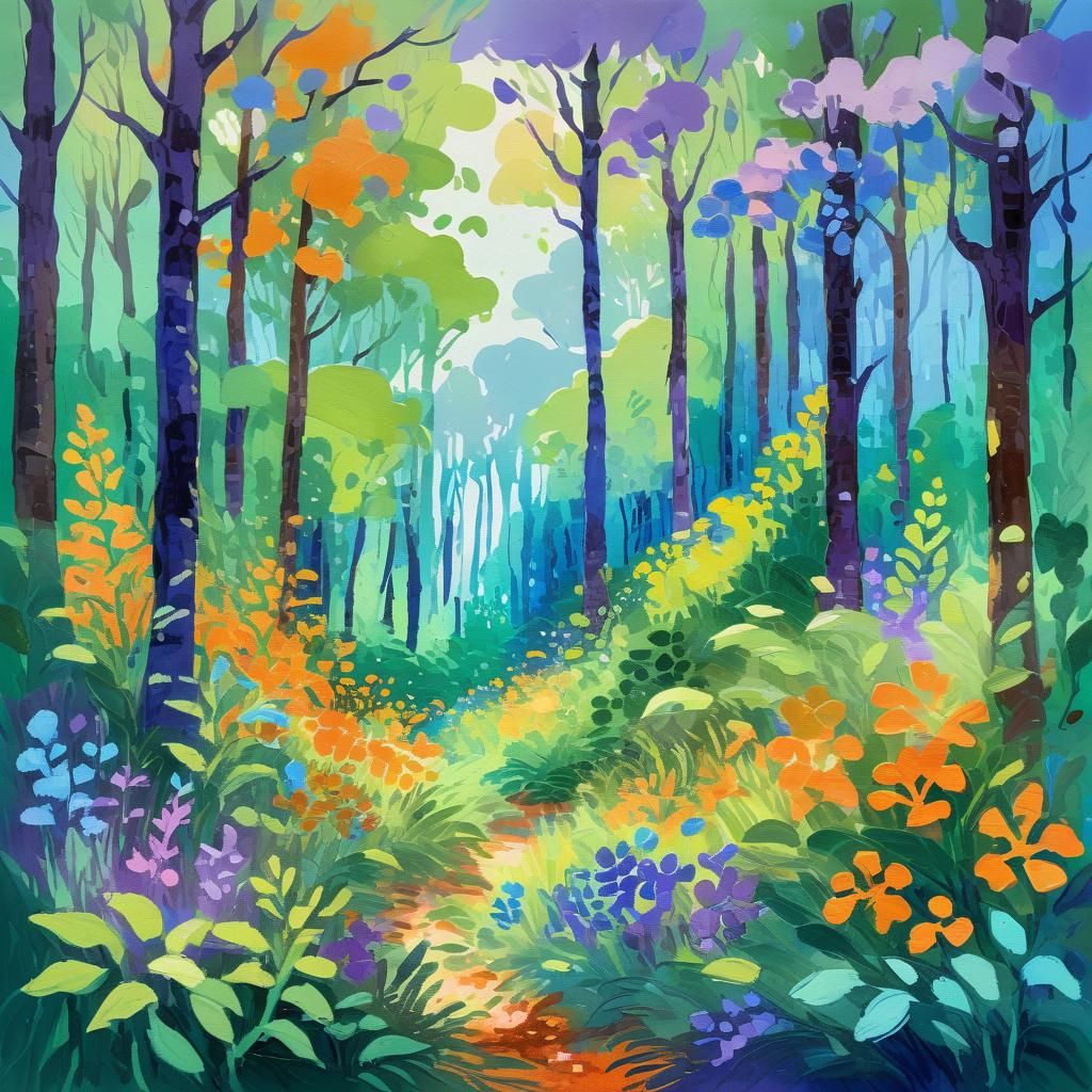 Impressionist Forest Landscape with Vibrant Colors and Textu...