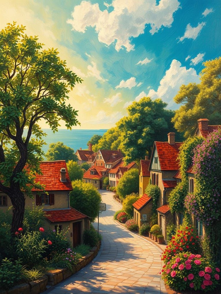 Vibrant Village Beside Serene Lagoon in Whimsical Neo-Impres...