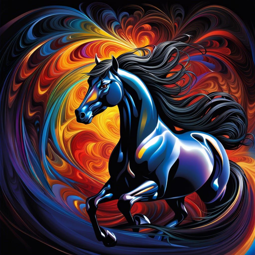 Glossy Black Horse with Flowing Mane in Digital Art