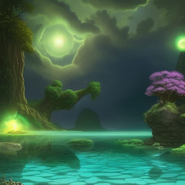 Sci-Fi Zen Garden with Cosmic Sky and Alien Flora