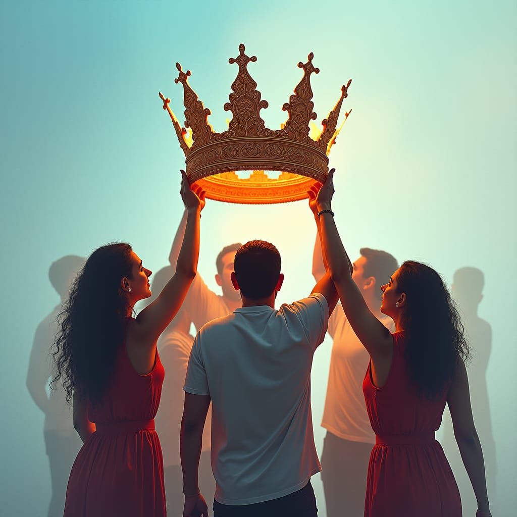 People Lift Ornate Crown in Futuristic Realism