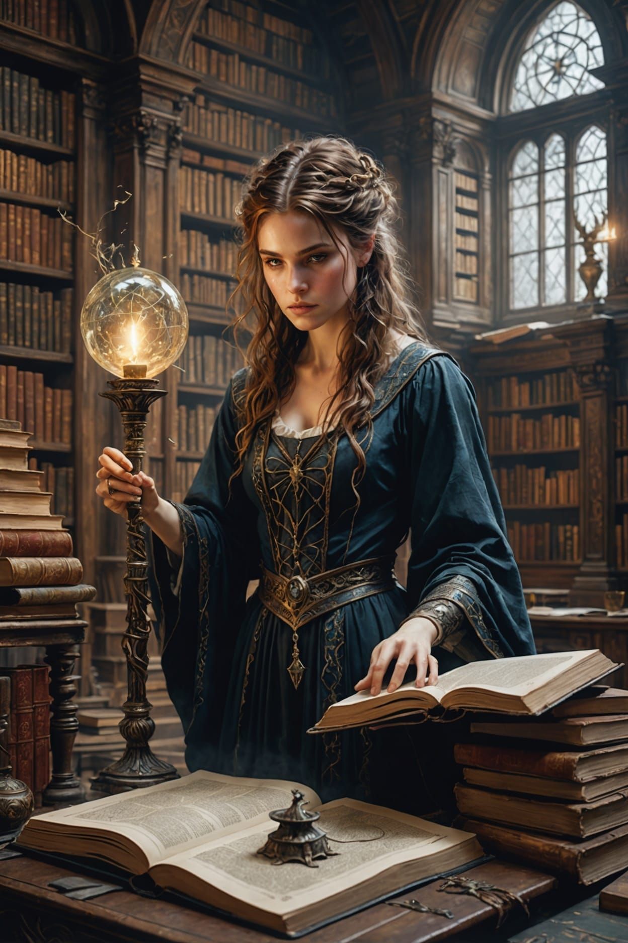 Wizards Back to School, sorceress practicing spells in a mag...