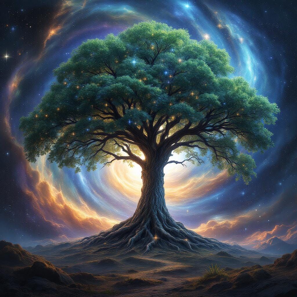 A colossal oak tree grows from the heart of a nebula, its br...