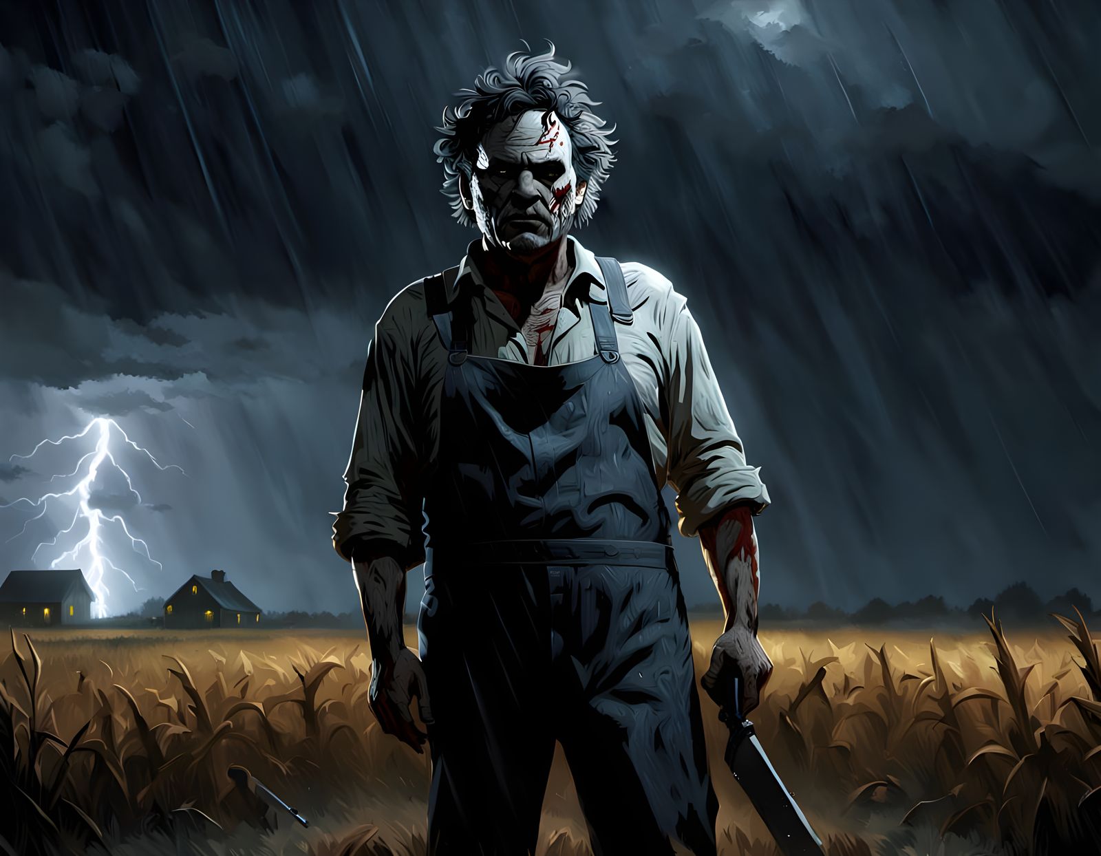 Horror Leatherface Monster in Thunderstorm, Photorealistic S...