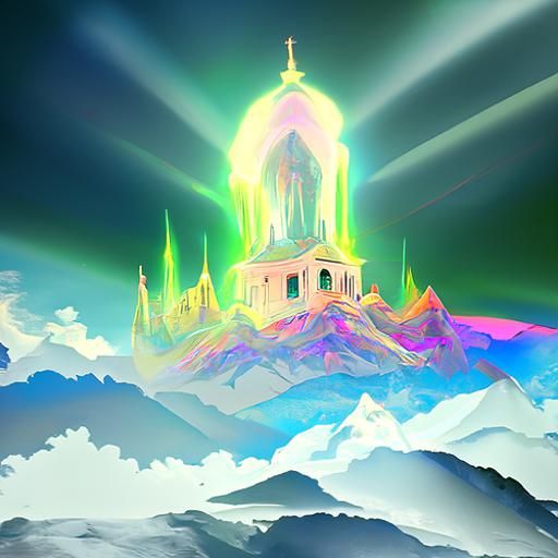 Mountaintop Monastery Under Aurora Borealis: Cel-Shaded Digi...