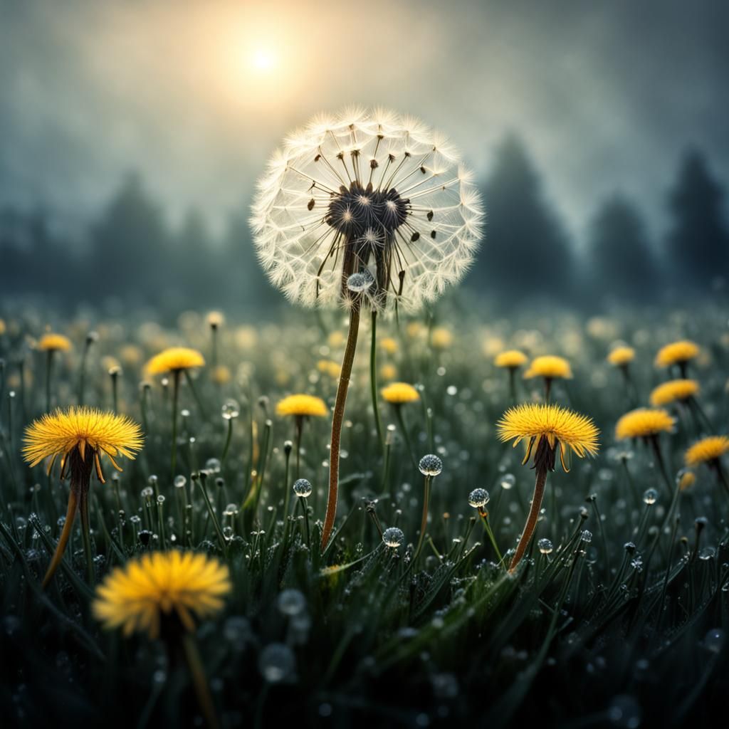 Misty Morning Dew Dandelion Field in Hyperrealism