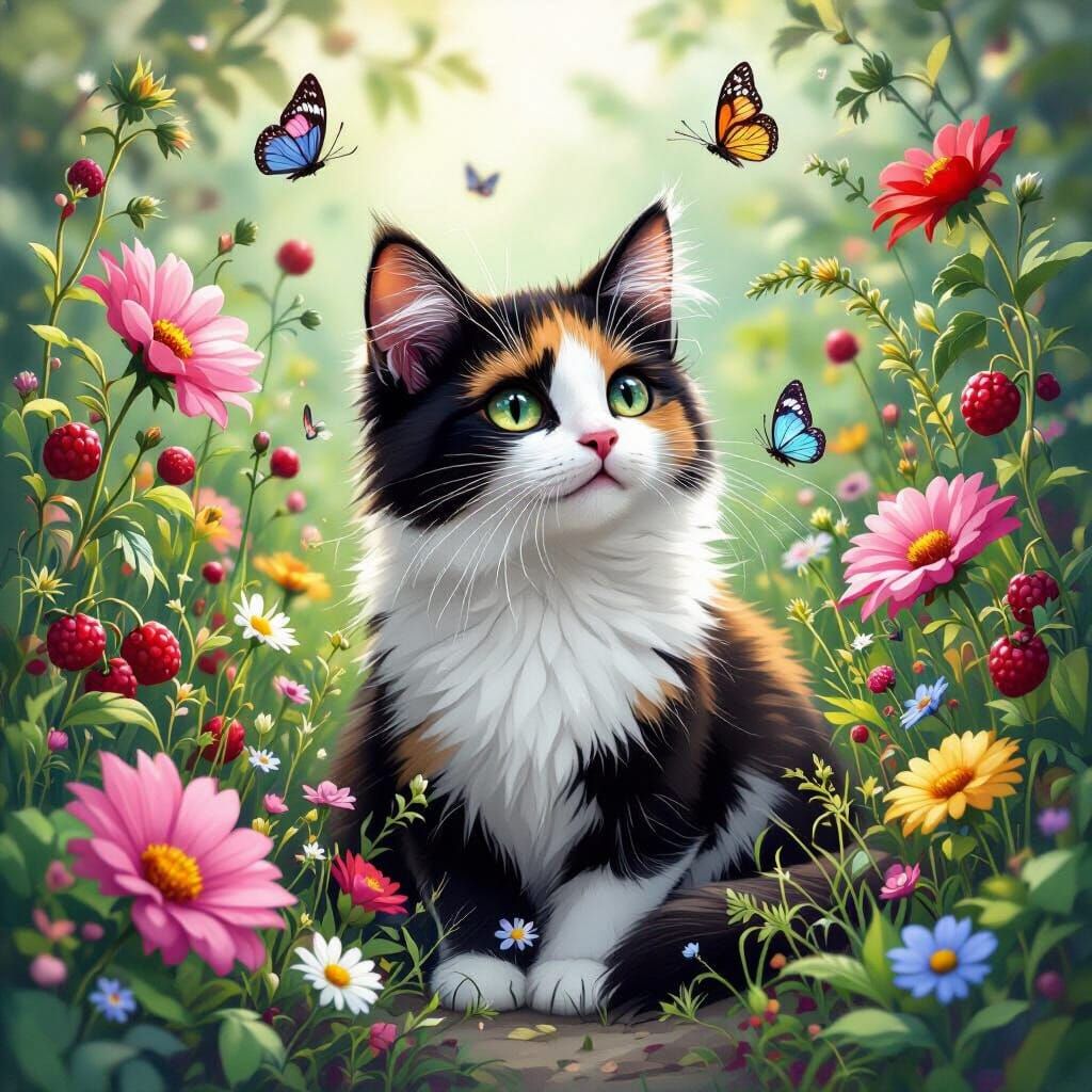 Calico Cat in Magical Fairy Garden