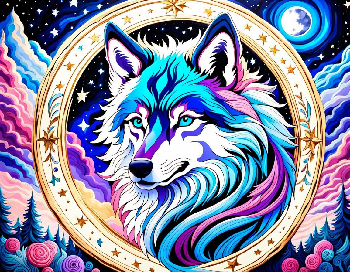 Fantasy Wolf Under Starry Night Sky in Gouache