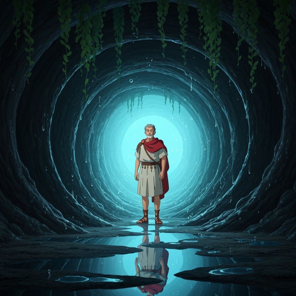 Man in Ancient Roman Tunic Inside Giant Fish Belly