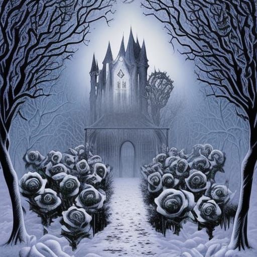 Eerie Gothic Victorian Garden in Comic Book Art