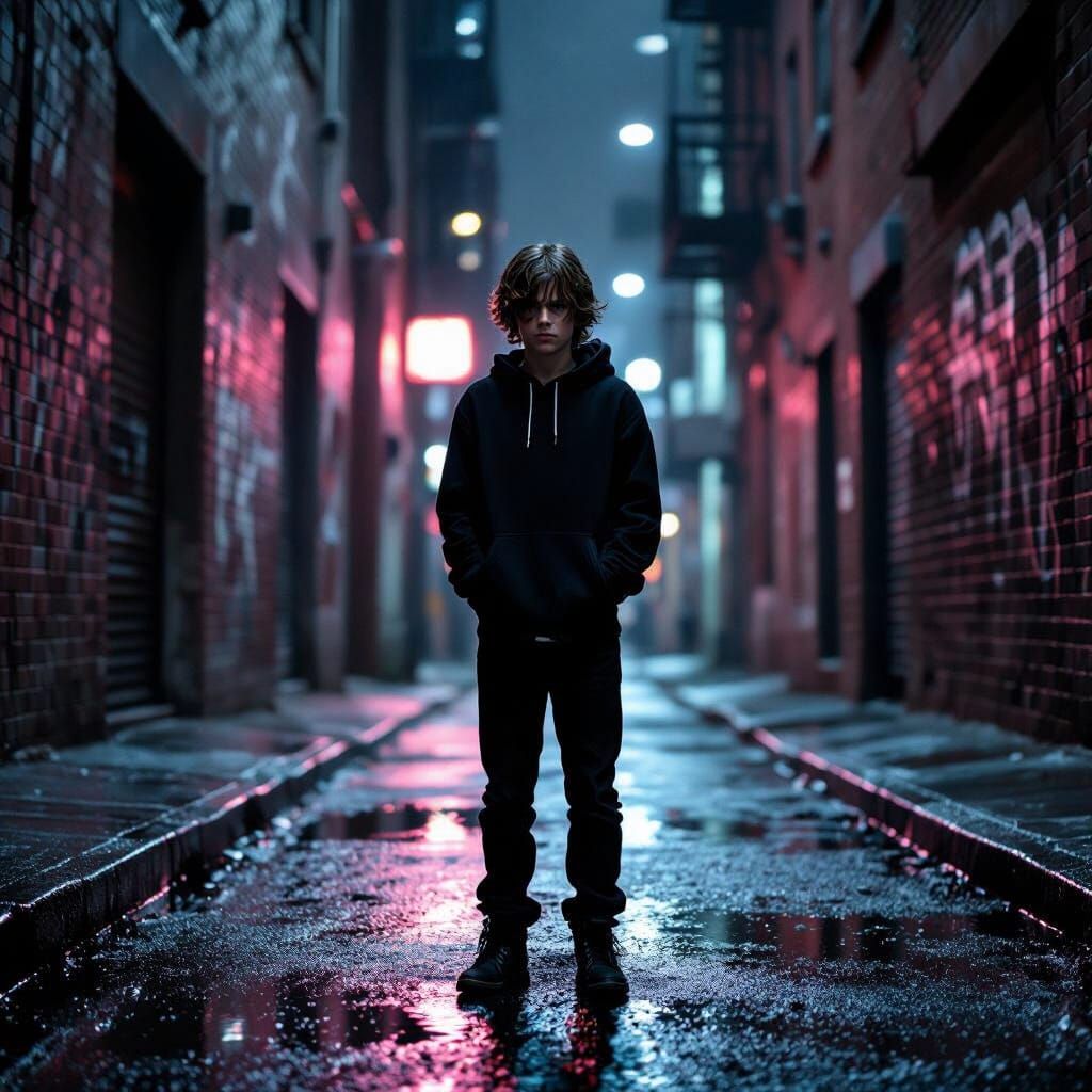 Boy in Gritty Urban Alleyway in Neo-Noir Style