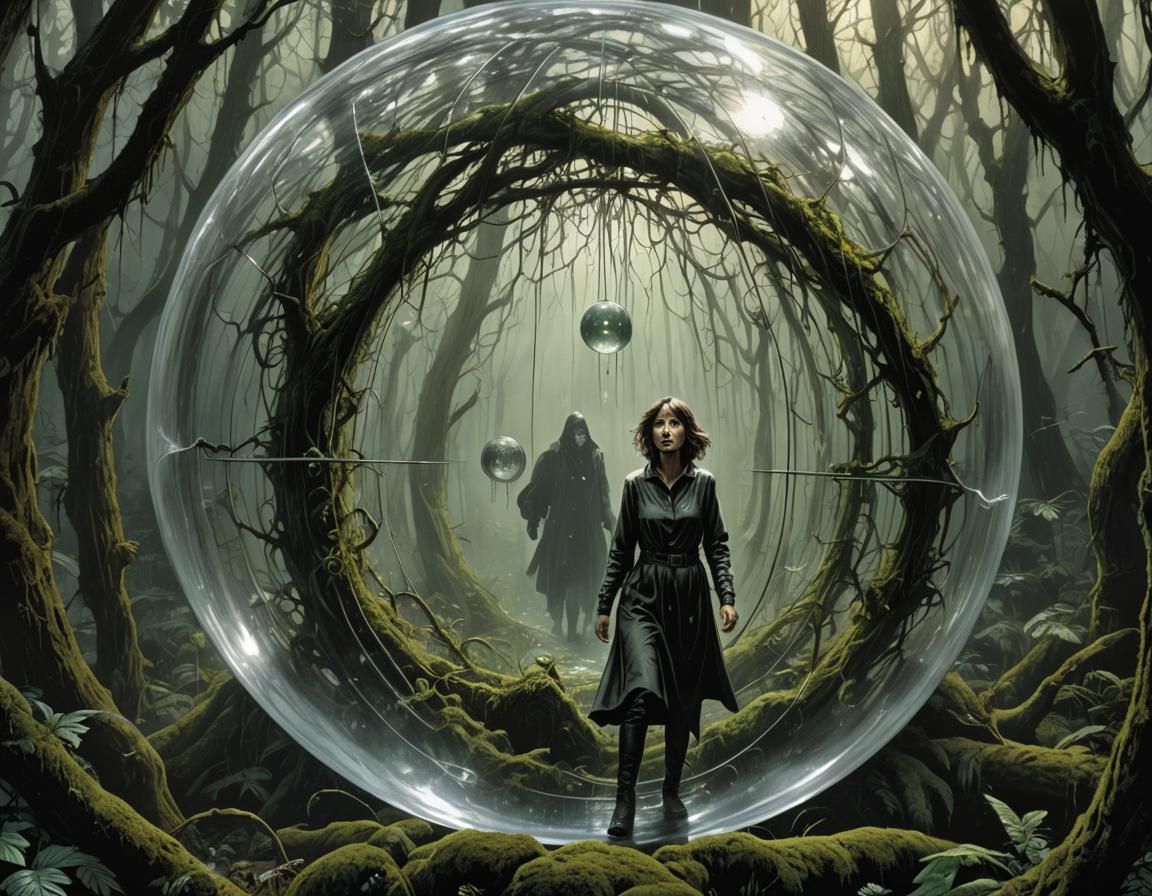 Trapped Woman in Dew Drop Bubble, Comic Book Style