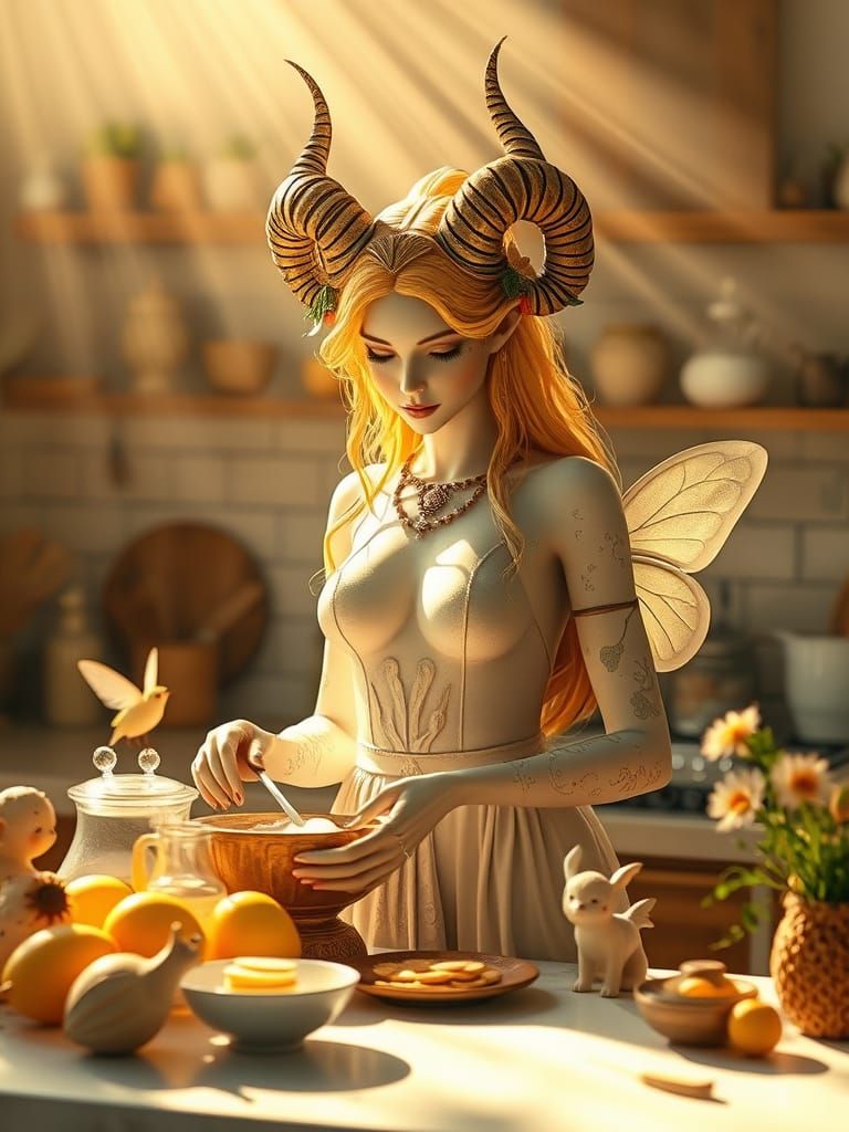 Mystical Nature Goddess Prepares Breakfast for Fairies