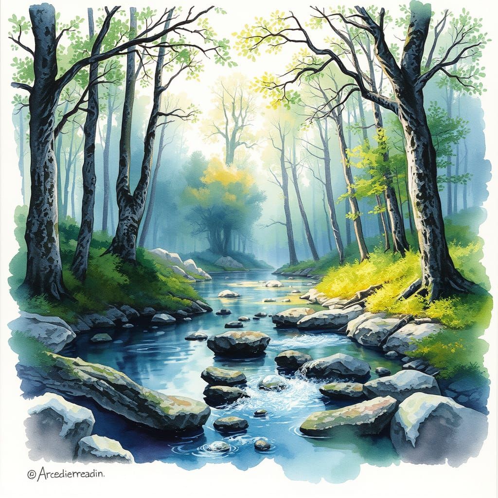 Idyllic Arcadian Scene in Watercolor Ink