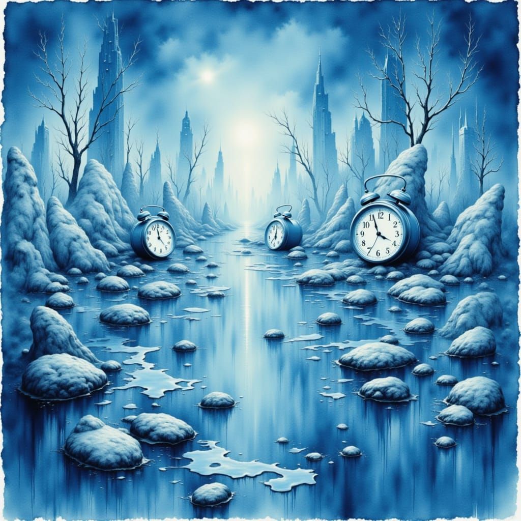 Surreal Blue Aquarelles of Flying Penguins