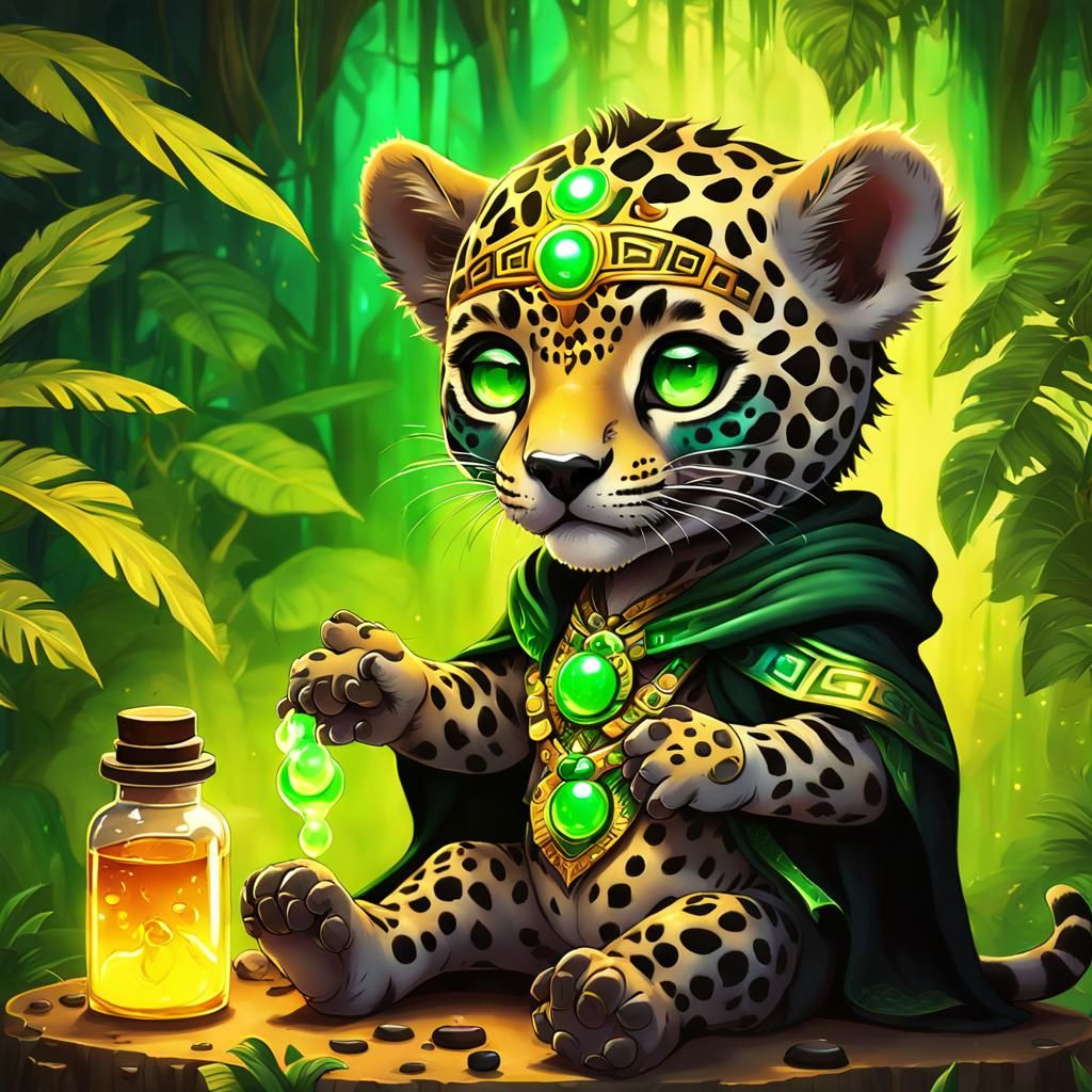 Chibi Aztec Jaguar Cub Conjuring Magic