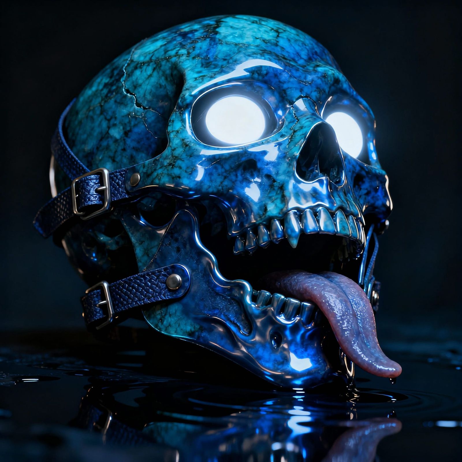Azurite Skull with Glowing Eyes in Dramatic Light