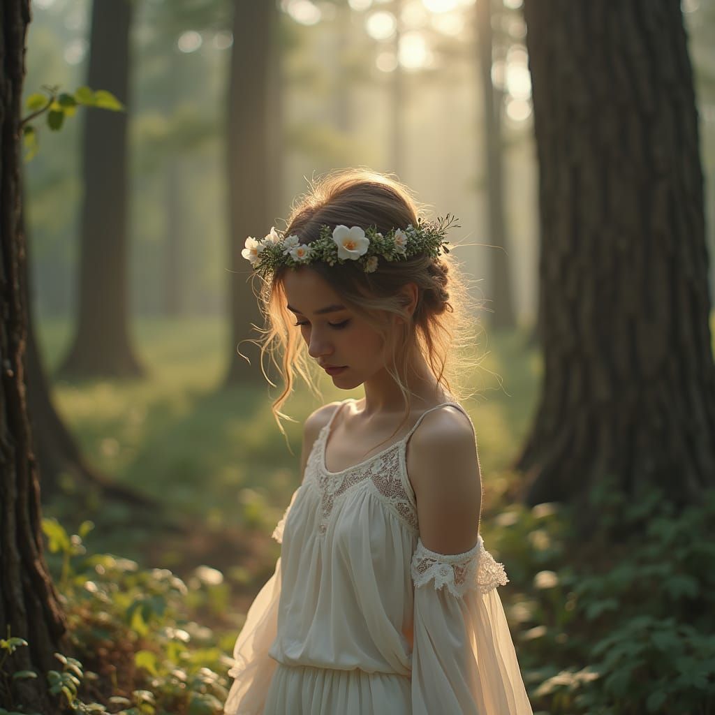 Ethereal Woman in Misty Forest, Fine Art Portrait