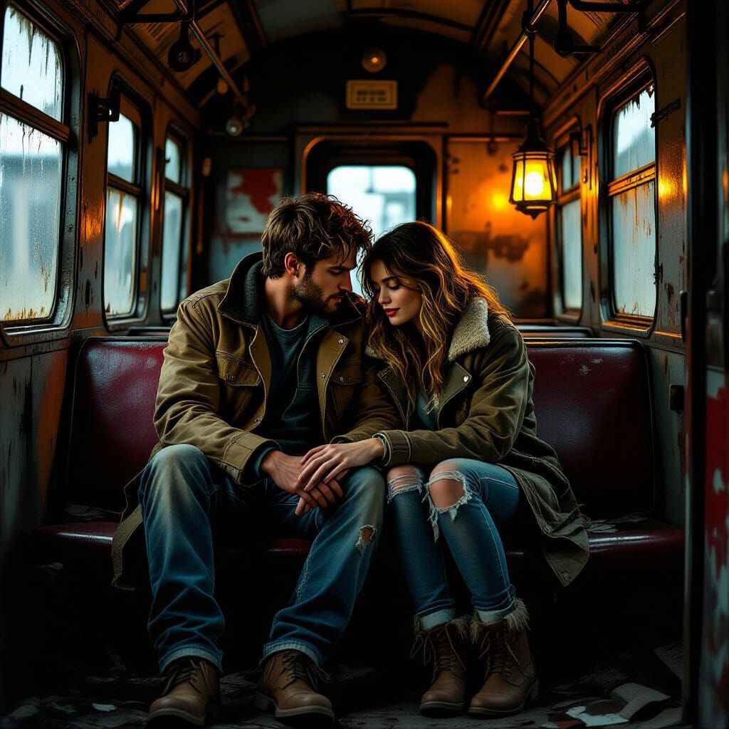 Couple in Abandoned Train Car, Post-Apocalyptic Realism