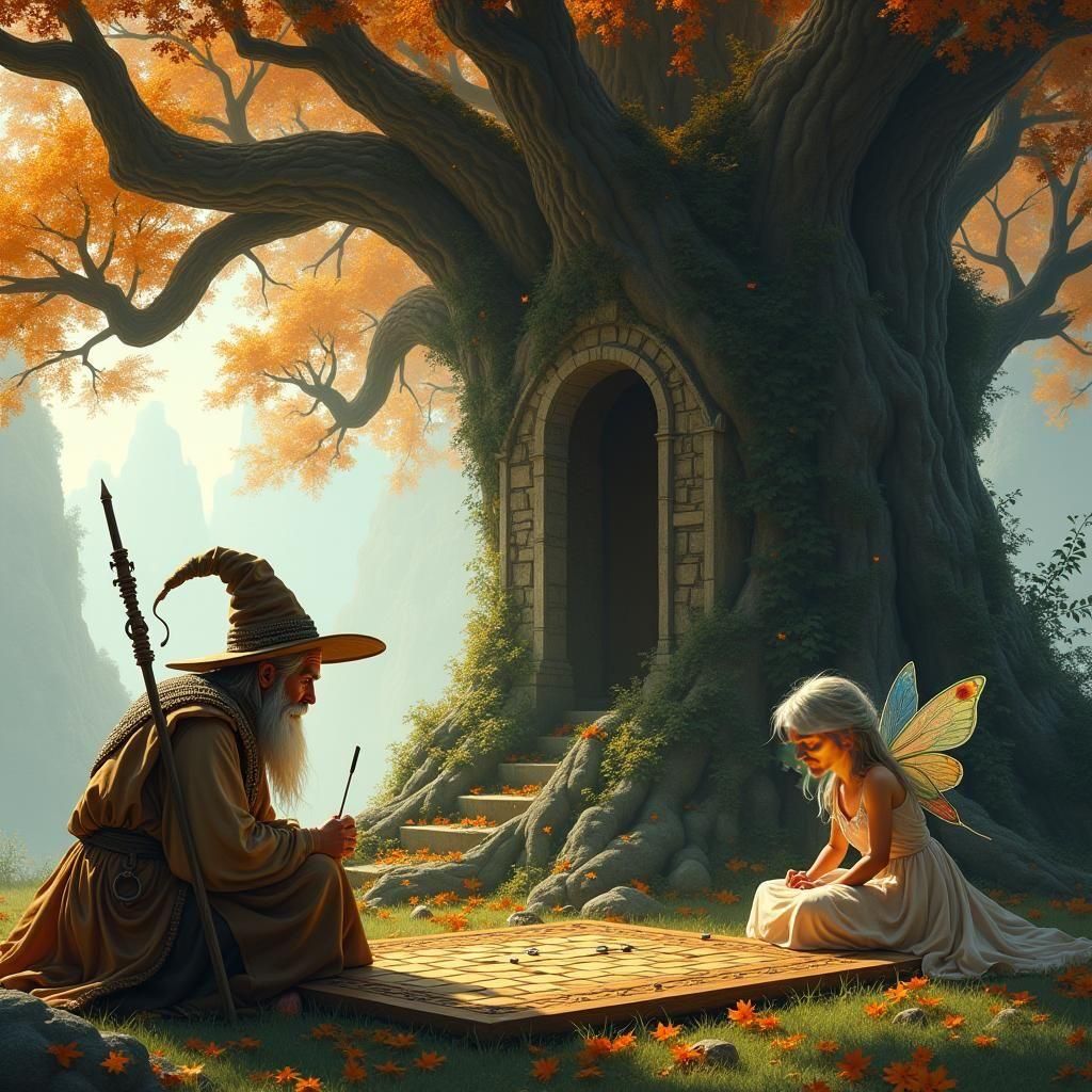 Wizard and Fairy Play Go in Forest Clearing