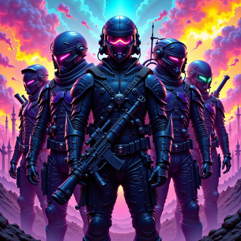 Futuristic Armored Warriors Unite on Dystopian Battlefield