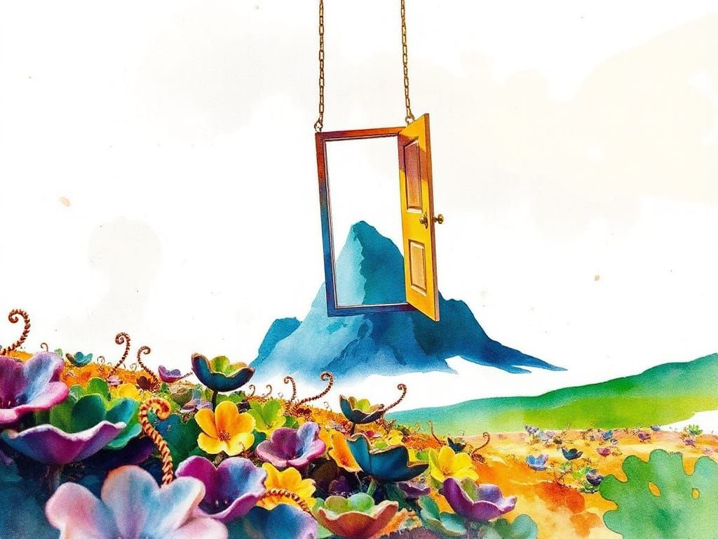 Floating Doorway Above Alien Planet in Watercolor Style