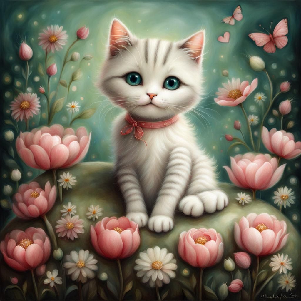 Cute Cat with Flowers in Surrealist Style