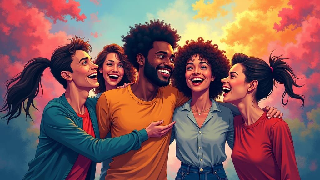 Diverse Group Embracing in Vibrant Anime Illustration