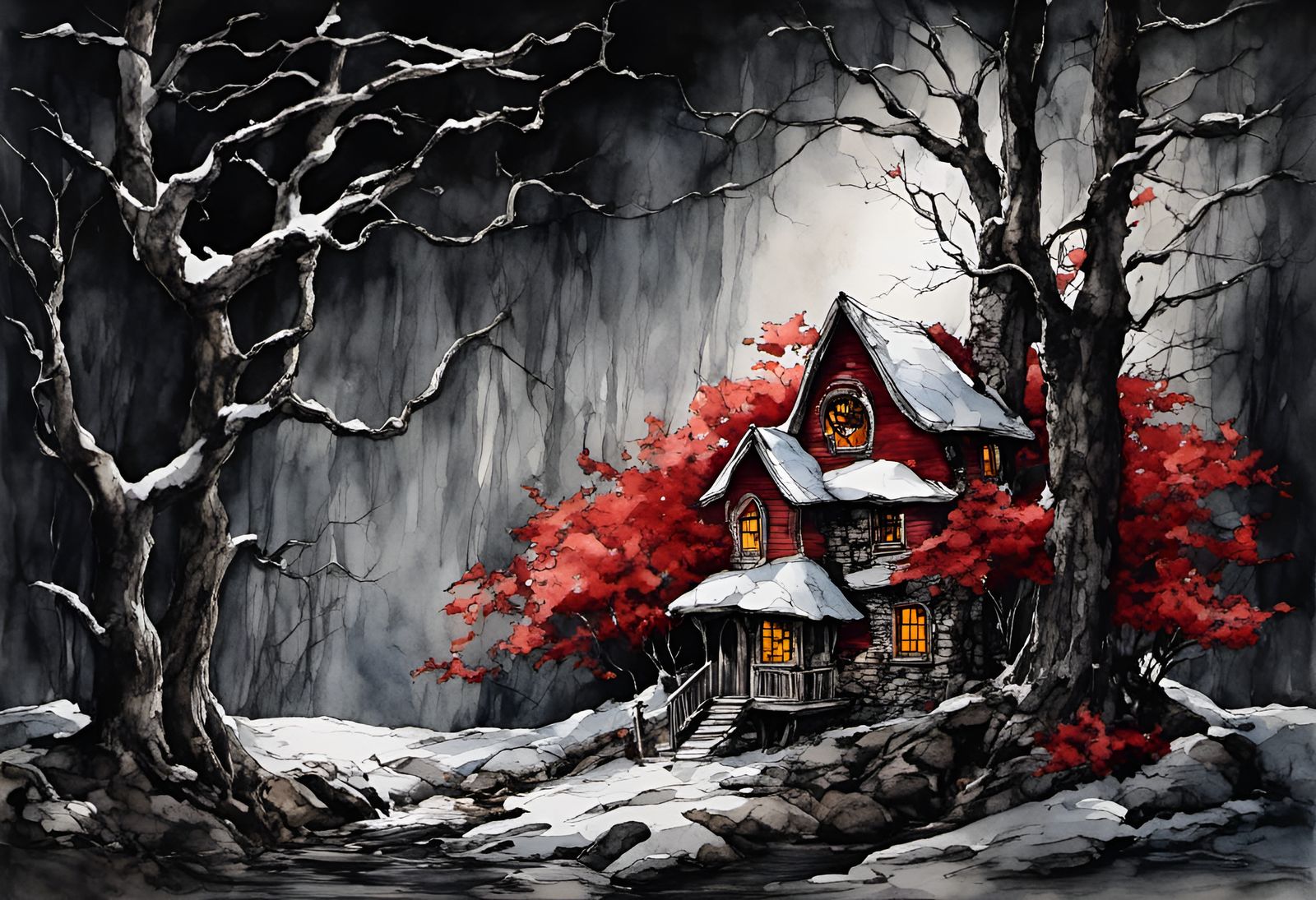 <lora:Daily ranked 2023:1.0> <lora:Autumn Winter:1.0> Fantasy fairy house, red maple tree, snow on the ground, bold pen...