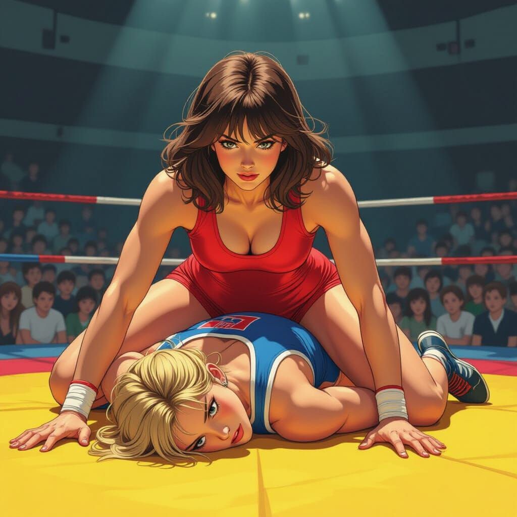 80s Wrestling Match: Anime Style Painting of Junior Girls