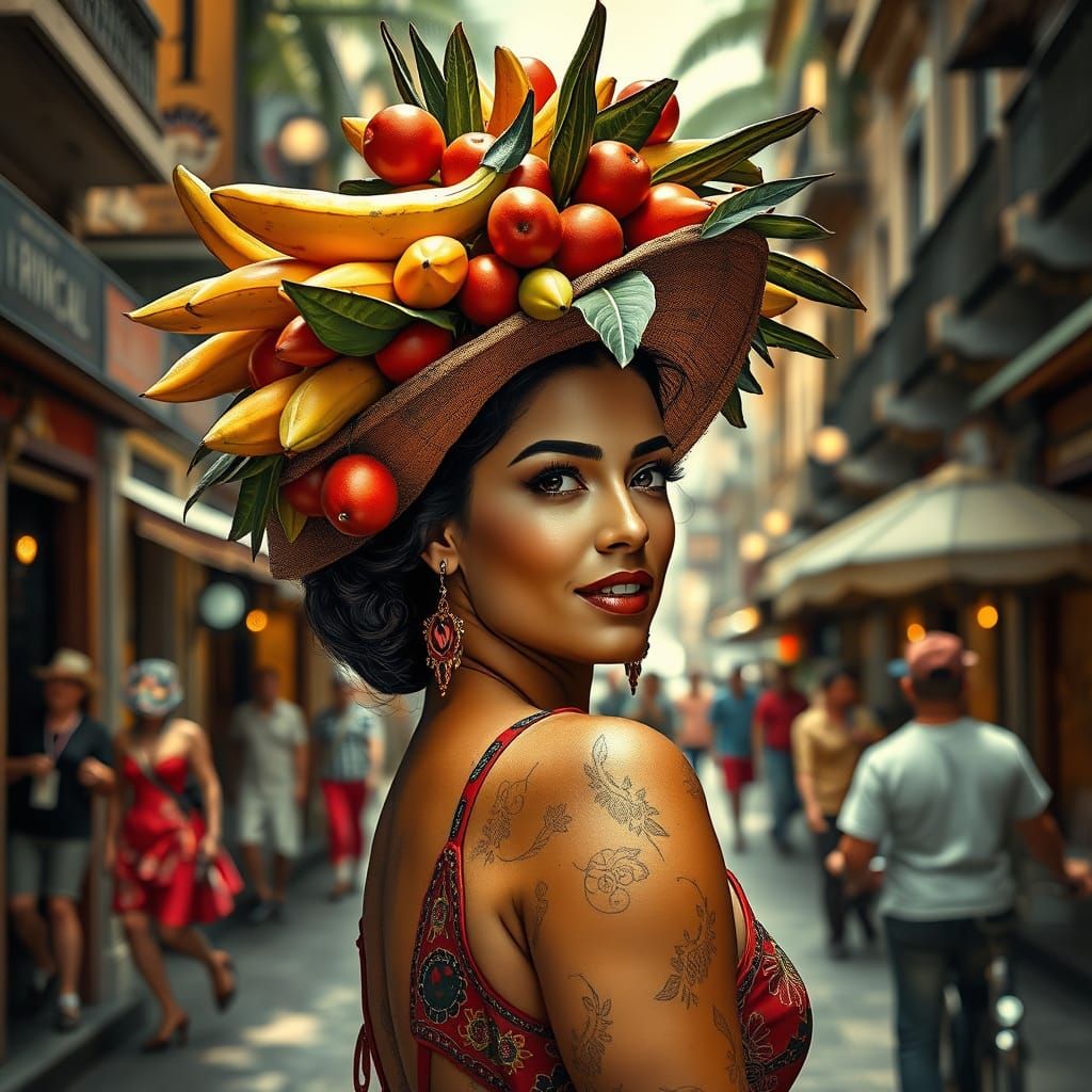 Carmen Miranda Portrait with Fruit Hat in Art Nouveau Style