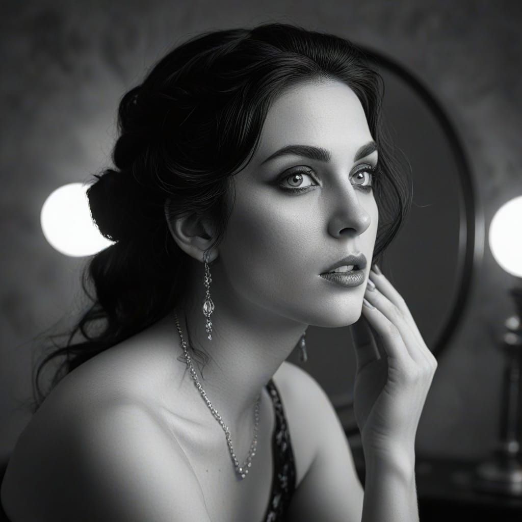 Aphrodite Applying Face Powder in Striking Black and White P...