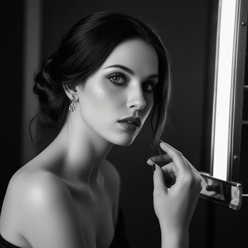 Aphrodite Applying Face Powder in Classic Black and White