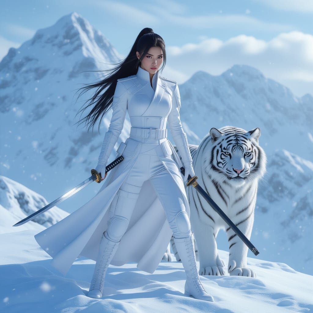 Warrior Woman with Katana and Tiger on Snowy Peak