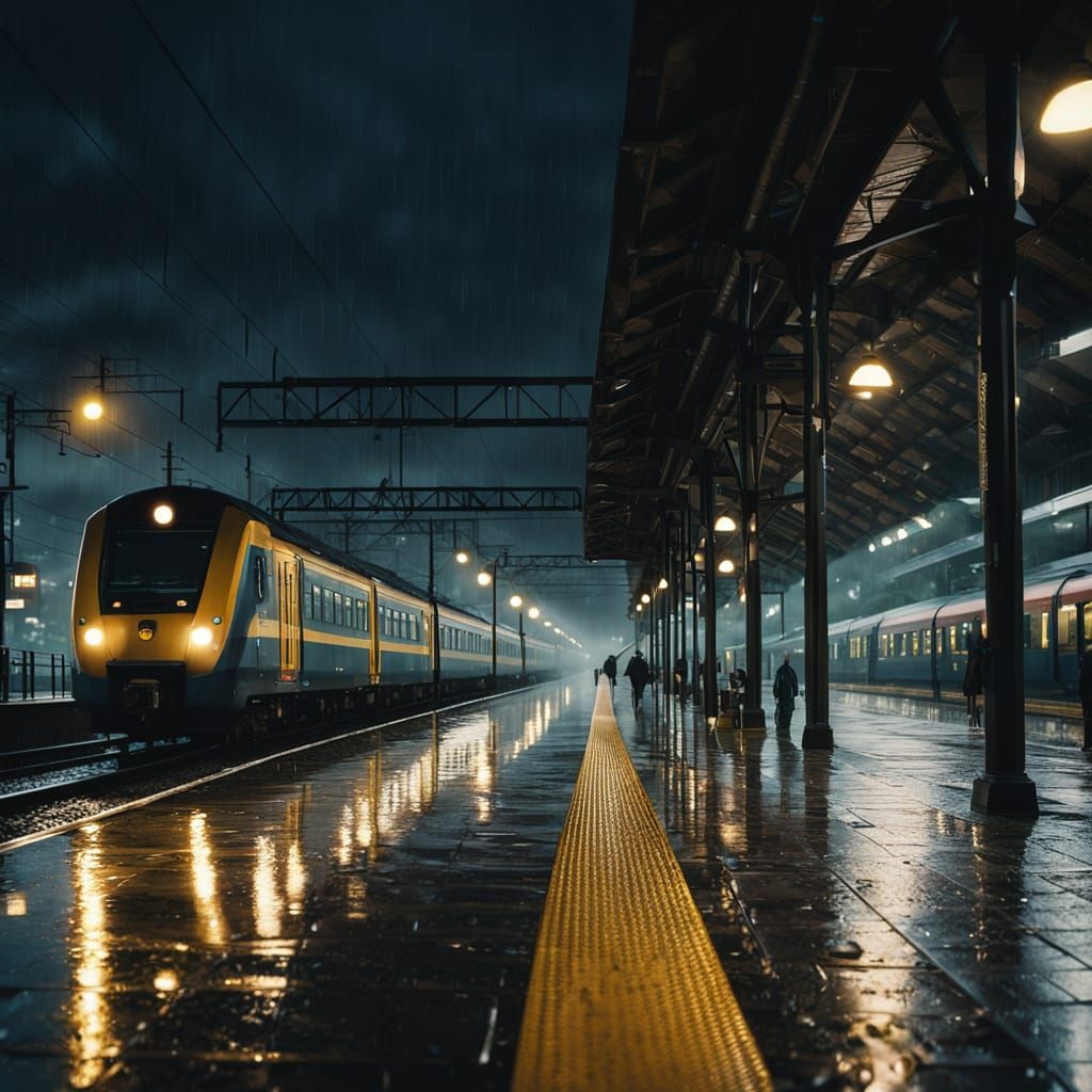 Gloomy Evening Train Station with Rain and Blurred Lights